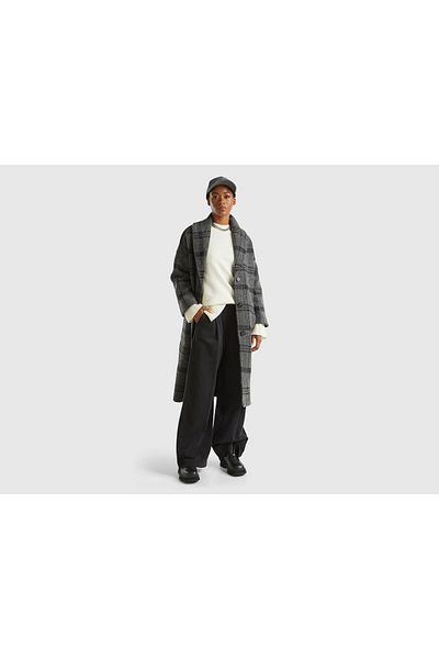United Colors of Benetton Women's Anthracite Wool Blended Off-Shoulder Front Pocket Detailed Shawl Collar Coat