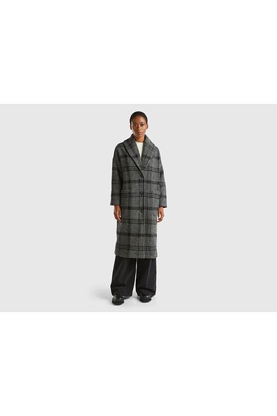 United Colors of Benetton Women's Anthracite Wool Blended Off-Shoulder Front Pocket Detailed Shawl Collar Coat