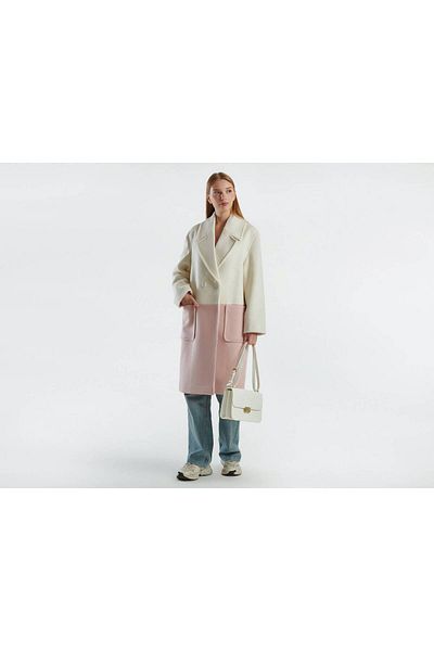 United Colors of Benetton Women's Cream Contrast Color Detailed Single Button Coat with Side Pockets
