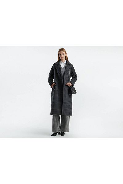 United Colors of Benetton Women's Anthracite Wool Blended Belt Banded All Patterned Stand Collar Coat