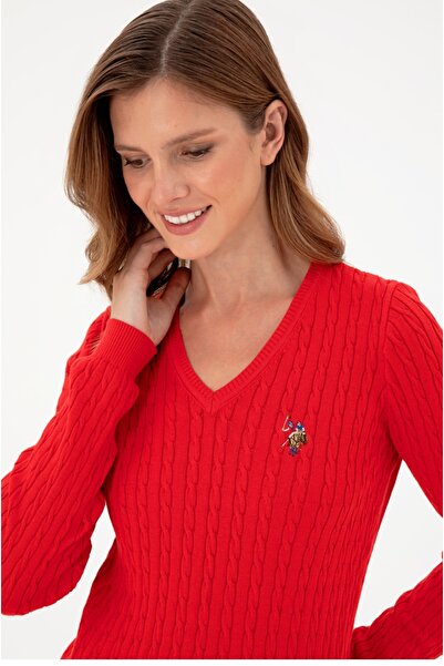 U.S. Polo Assn. U.s polo assn slim fit V yaka %100 pamuk kadın triko kazak (özse giyim)