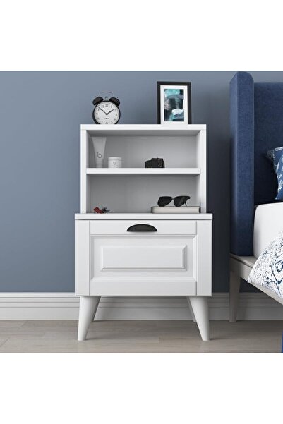 Home Canvas Bedside Table Night Stand with 2 Shelves and Membrane Drawer, White