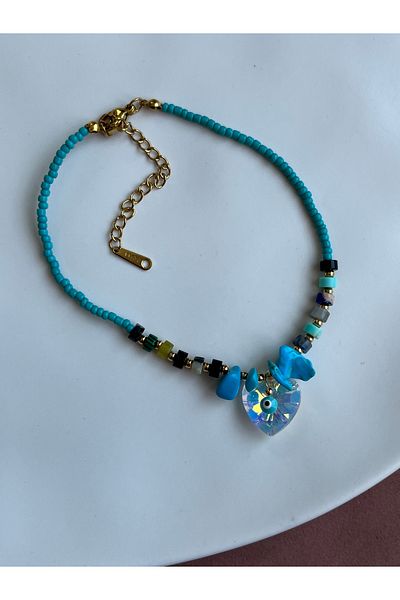 BURÇİN AKSESUAR Hologram Reflective Evil Eye Heart Steel Anklet