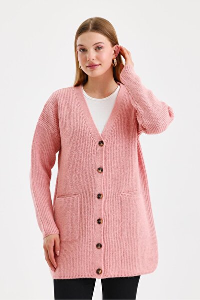 odelon Women's Buttoned Oversize Long Pink Knitwear Cardigan with Pockets