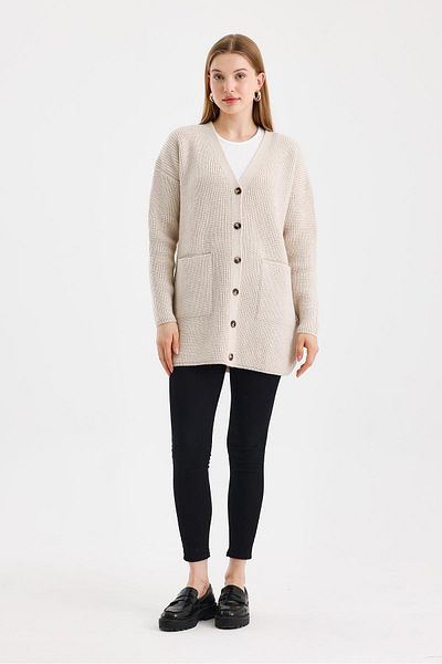 odelon Women's Buttoned Oversize Long Stone Knitwear Cardigan with Pockets