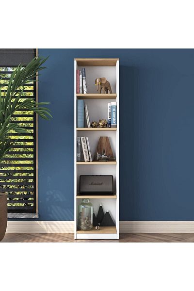 Home Canvas مكتبة دراسة مع 5 رفوف، رف كتب، مكتبة، رف حائط حديث، أبيض - جوز