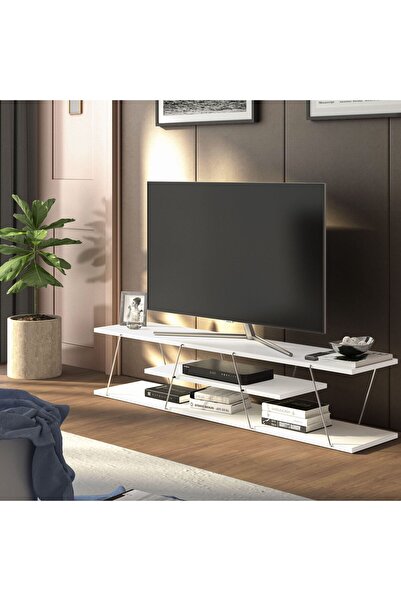 Home Canvas Tars Modern TV Stand for Living Room, TV Unit Media Easy Assembly - White and Chrome