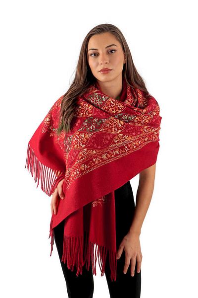 Bursa İpek Burgundy Embroidered Winter Shawl