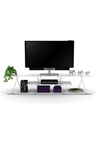 Home Canvas Tars Modern TV Stand for Living Room, TV Unit Media Easy Assembly - White and Chrome