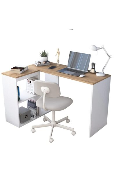 Home Canvas Study Office Computer Desk Corner Table with 4 Shelves 120cm White - Walnut