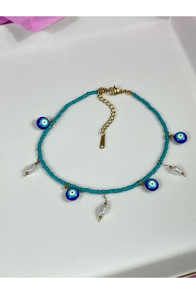 BURÇİN AKSESUAR Pearl Detailed Dangle Anti-Tarnish Steel Anklet with Evil Eye Figure