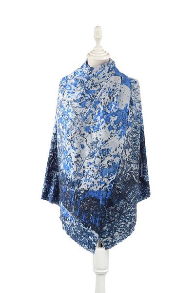 Bursa İpek Blue Peach Tree Pattern Winter Shawl