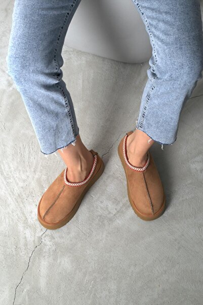 Beyond Tan Women's Suede House Slippers - Ultra Mini Embroidered and Thick Sole, 4cm Bynd