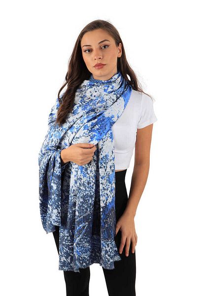 Bursa İpek Blue Peach Tree Pattern Winter Shawl