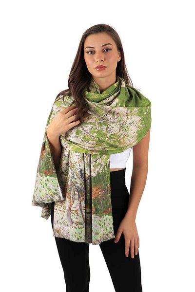 Bursa İpek Green Peach Tree Pattern Winter Shawl
