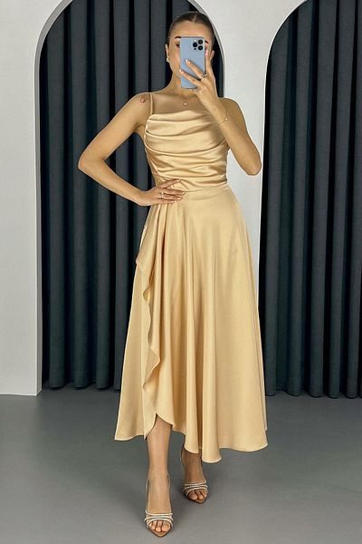 Lafaba Women's Gold Flounce Slit Satin Midi Length Evening Dress & Homecoming Dress