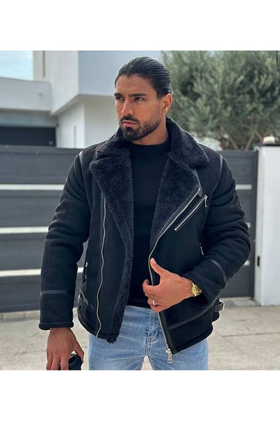 İLKCET MODA Δερμάτινο παλτό με γούνινη ρίγα
