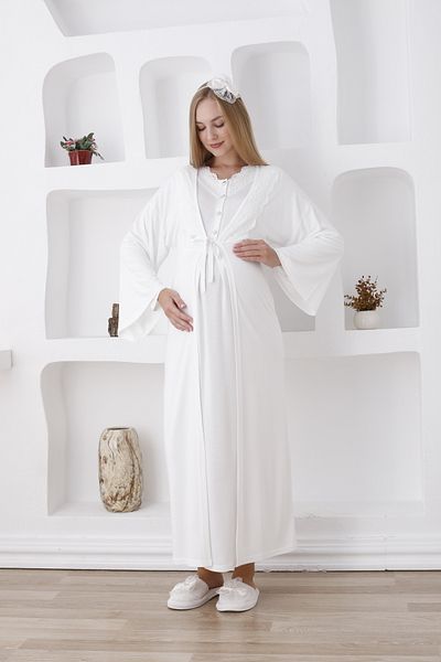 ERDENİZ TEKSTİL Set de maternitate cu mâneci lungi și nasturi în față / Set cămașă de noapte și rochie de dimineață / Papuci și cadou coroană