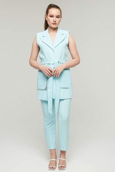 Appleline Stoned Belted Women's Vest and Trousers Set - Turquoise