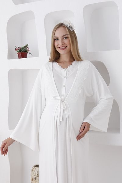 ERDENİZ TEKSTİL Set de maternitate cu mâneci lungi și nasturi în față / Set cămașă de noapte și rochie de dimineață / Papuci și cadou coroană