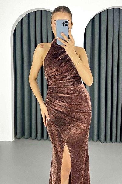 Lafaba Dámské hnědé dlouhé večerní šaty s ohlávkou s výstřihem a výstřihem