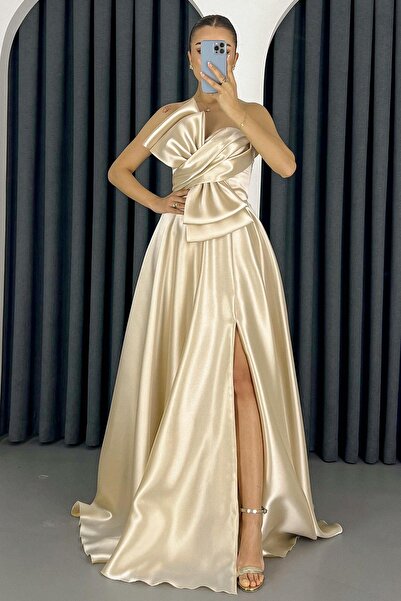 Lafaba Γυναικείο Μπεζ Φιόγκο Λεπτομερές μακρύ βραδινό φόρεμα με σκίσιμο