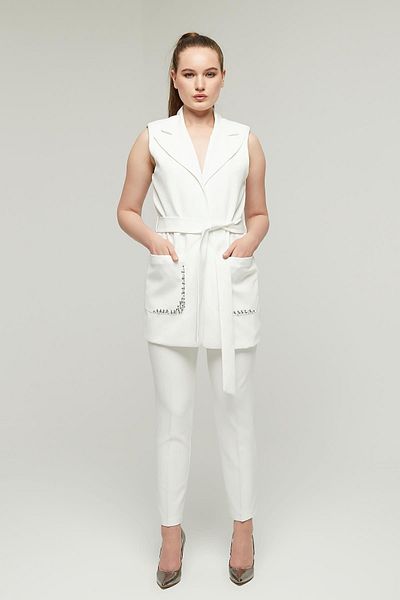 Appleline White Jewelled Belted Women's Vest and Trousers Set