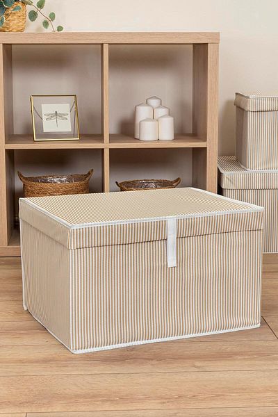 ALAS Maxi Brown Striped Box - 3 3-Piece Multi-Purpose, 50X40X30 cm White Fabric