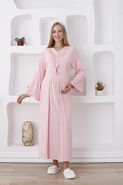 ERDENİZ TEKSTİL طقم الأمومة بأكمام طويلة وأزرار أمامية / طقم ثوب نوم ورداء صباحي / شبشب وتاج هدية