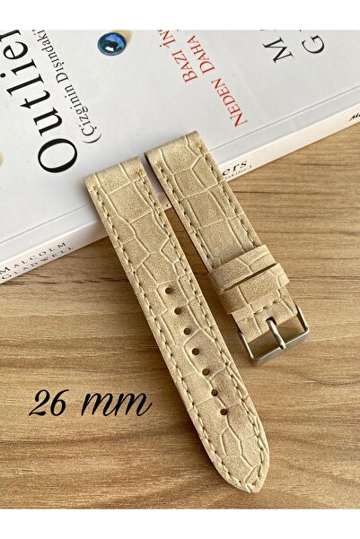 Prizma 26 mm Bej Croco Desen Suni Deri Saat Kordonu. 18-20-22-24 ve 26mm Geni...
