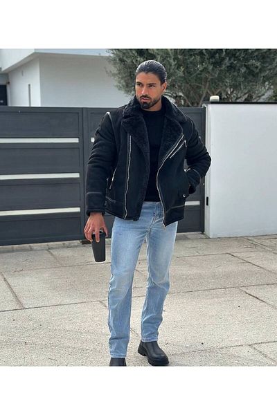 İLKCET MODA Δερμάτινο παλτό με γούνινη ρίγα