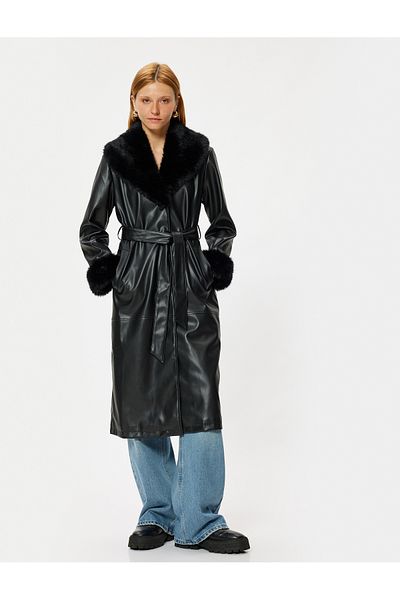 Koton Faux Leather Long Trench Coat with Pockets, Belted Collar and Faux Fur Detail