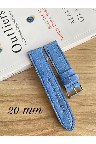 Prizma 20 mm Mavi Croco Desen Suni Deri Saat Kordonu. 18-20-22-24 ve 26mm Gen...