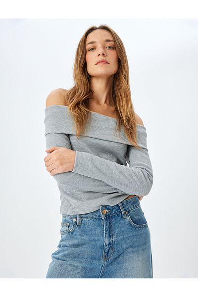 Koton Long Sleeve Off-The-Shoulder Madonna Neck T-Shirt