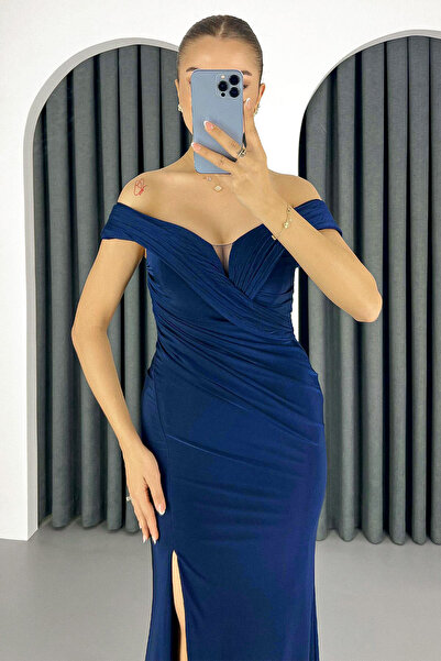Lafaba Női sötétkék csónaknyakú, hasított hosszú estélyi ruha