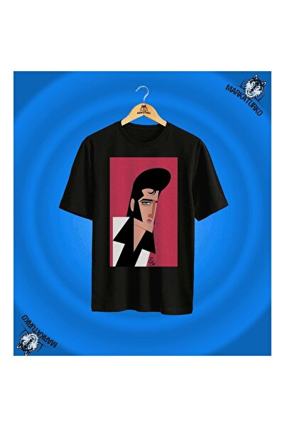 MarkaTurko تي شيرت أسود بتصميم مخصص مطبوع من إلفيس بريسلي - 707-52