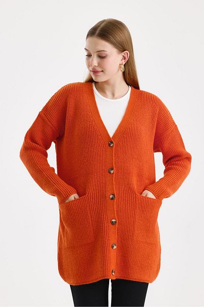 odelon Women's Buttoned Oversize Long Orange Knitwear Cardigan with Pockets
