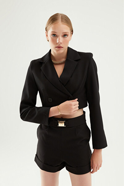 Quzu Διπλό στήθος Crop Blazer Jacket Μαύρο