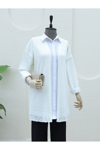 Modamorfo Ecru gemusterte durchbrochene Strickjacke
