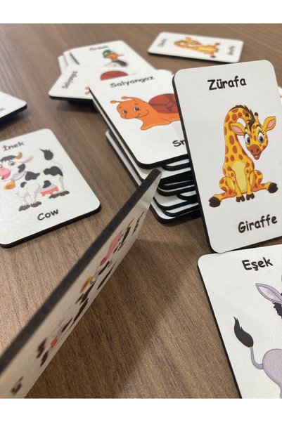 Leelii Tasarım Cute Animals Wooden Memory Matching Cards 12 Animals 24 Cards Turkish - English Memory Game