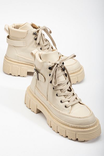 Tonny Black Women's Beige High Poly Sole Side Buckle Lace up Boots