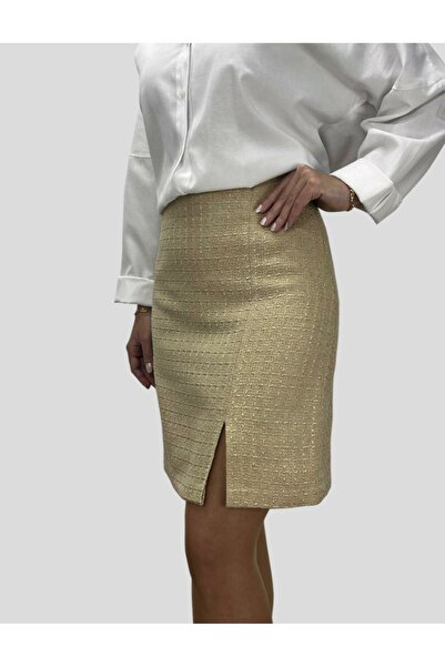 ABAS Tüvit Kumaş Bej Önden Yırtmaçlı Mini Boy Astarlı Düz Etek