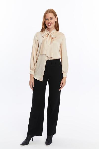 Appleline Beige Satin Women's Shirt - Solid Cut with Bow