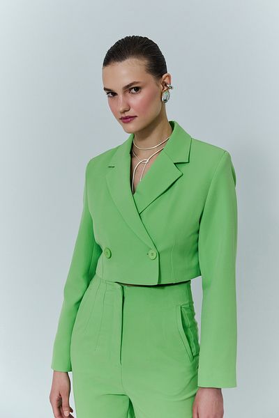 Quzu Double Breasted Crop Blazer Jacket Green