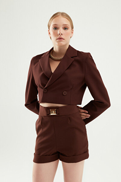 Quzu Kruvaze Crop Blazer Ceket Koyu Kahve