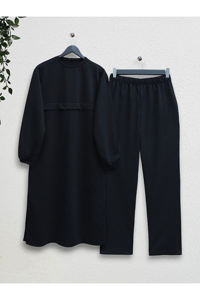 Modamorfo Round Neck Top Long Two Thread Combed Cotton Suit - Black