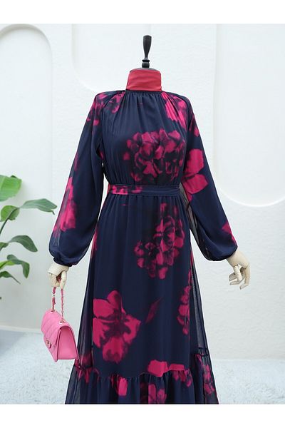 Modamorfo Elastic Waist Lace up Lined Chiffon Dress -Fuchsia