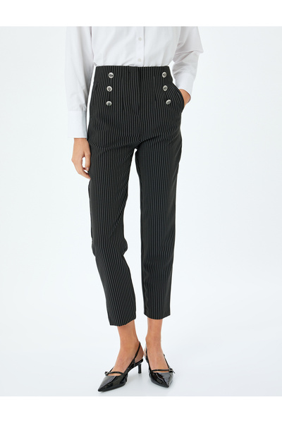 Koton Yüksek Bel Çizgili Havuç Kesim Kumaş Pantolon