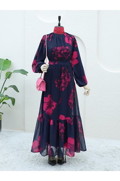 Modamorfo Elastic Waist Lace up Lined Chiffon Dress -Fuchsia