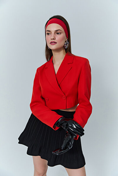 Quzu Double Breasted Crop Blazer Jacket Red